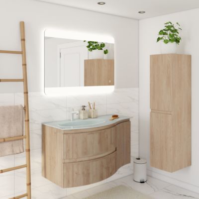 Ensemble sous vasque + plan vasque à gauche verre l.104 cm, effet bois strié, Vague
