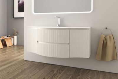 Ensemble sous vasque + plan vasque central résine l.138 cm, blanc mat strié, Vague