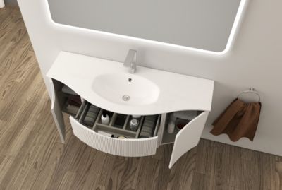 Ensemble sous vasque + plan vasque central résine l.138 cm, blanc mat strié, Vague