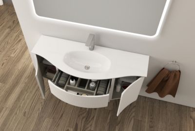 Ensemble sous vasque + plan vasque central verre l.138 cm, blanc mat strié, Vague