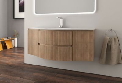 Ensemble sous vasque + plan vasque central verre l.138 cm, effet bois strié, Vague