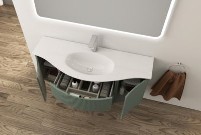 Ensemble sous vasque + plan vasque central verre l.138 cm, effet bois strié, Vague