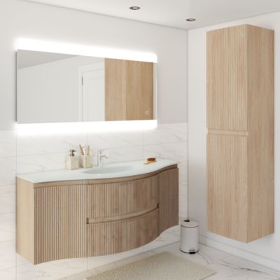 Ensemble sous vasque + plan vasque central verre l.138 cm, effet bois strié, Vague