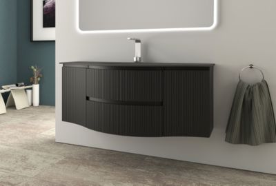 Ensemble sous vasque + plan vasque central verre noir l.138 cm, noir mat strié, Vague