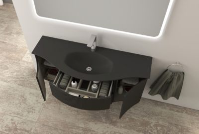 Ensemble sous vasque + plan vasque central verre noir l.138 cm, noir mat strié, Vague