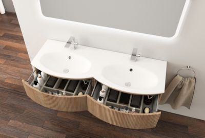 Ensemble sous vasque + plan vasque double résine l.138 cm, effet bois strié, Vague