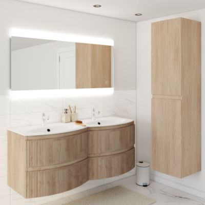 Ensemble sous vasque + plan vasque double résine l.138 cm, effet bois strié, Vague