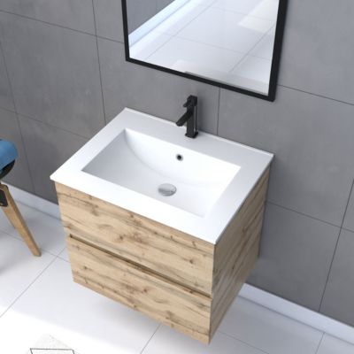 Ensemble sous vasque suspendu effet chêne industriel 2 tiroirs + vasque blanche + 1 miroir, l.60 cm, Galedo Timber