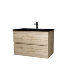 Ensemble sous vasque suspendu effet chêne naturel 2 tiroirs + vasque noire, l.80 cm, Galedo Timber
