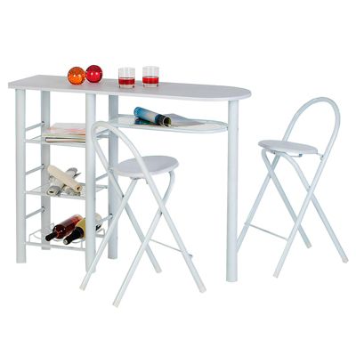 Ensemble STYLE avec table haute de bar mange-debout comptoir et 2 chaises/tabourets, en MDF blanc mat et structure en métal blanc