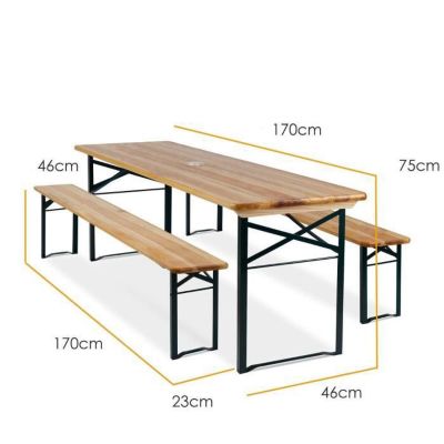 Ensemble Table + 2 Bancs Jardin en Bois Pliable 170 x 46 x 75 cm Bois et Métal Terrasse Jardin