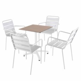 Ensemble table 60 cm chêne clair et 4 chaises en métal blanc  Oviala