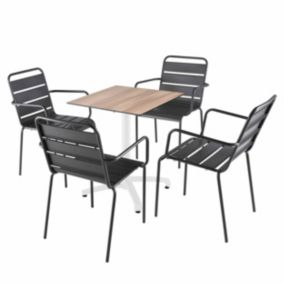 Ensemble table 60 cm chêne foncé et 4 chaises en métal gris  Oviala