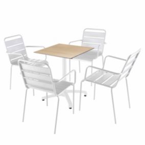 Ensemble table 60 cm chêne naturel et 4 chaises en métal blanc  Oviala