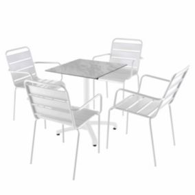 Ensemble table 60 cm marbre et 4 chaises en métal blanc  Oviala