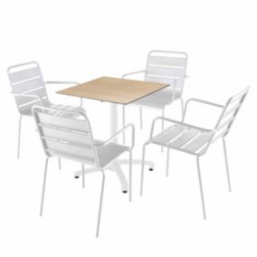 Ensemble table 70 cm chêne naturel et 4 chaises en métal blanc  Oviala