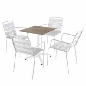 Ensemble table 70 cm marbre beige et 4 chaises en métal blanc  Oviala