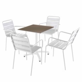 Ensemble table 70 cm taupe et 4 chaises en métal blanc  Oviala