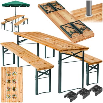 Ensemble Table Bancs Pliables 3 Pcs Acier-Bois Parasol Inclus Jardin Résistant