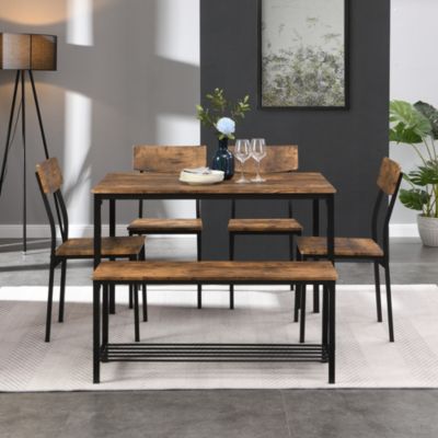 Ensemble Table, Chaises et Banc - 6 Pièces, Table 110x70 cm, Dossier Haut Confortable, Bois et Métal, Marron