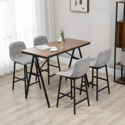 Ensemble table de bar 4 chaises de bar style industriel piètement acier noir plateau effet bois noyer tissu gris clair