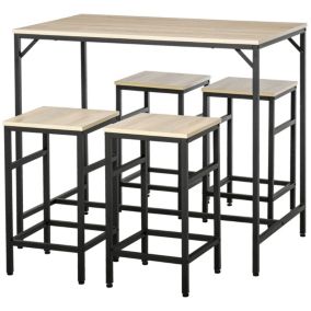 Ensemble table de bar design industriel + 4 tabourets repose-pieds panneaux particules imitation chêne clair métal noir