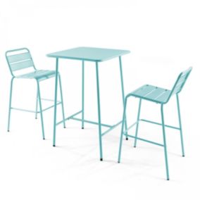 Ensemble table de bar et 2 chaises hautes en métal turquoise Palavas  Oviala