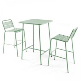 Ensemble table de bar et 2 chaises hautes en métal vert sauge Palavas  Oviala