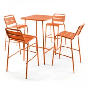 Ensemble table de bar et 4 chaises hautes en métal orange Palavas  Oviala