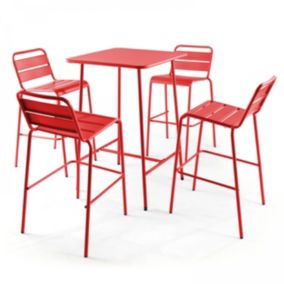 Ensemble table de bar et 4 chaises hautes en métal rouge  Palavas  Oviala