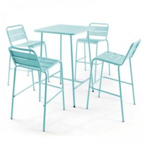 Ensemble table de bar et 4 chaises hautes en métal turquoise Palavas  Oviala