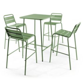 Ensemble table de bar et 4 chaises hautes en métal vert cactus  Palavas  Oviala