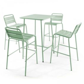 Ensemble table de bar et 4 chaises hautes en métal vert sauge Palavas  Oviala