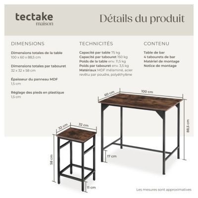 Ensemble table de bistrot 5 parties Bois foncé industriel, rustique