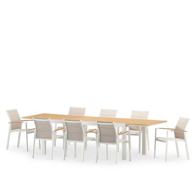 Ensemble table de jardin 300-200x100 cm et 8 chaises aluminium blanc et textilène capitonné - Osaka