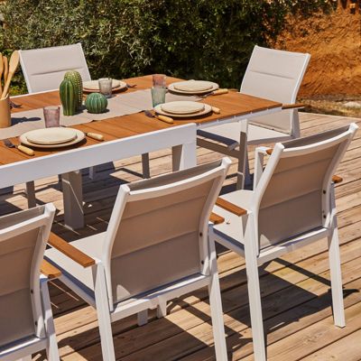 Ensemble table de jardin 300-200x100 cm et 8 chaises aluminium blanc et textilène capitonné - Osaka