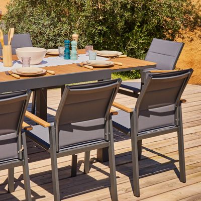 Ensemble table de jardin 300-200x100 cm et 8 chaises capitonnées aluminium textilène anthracite - Osaka
