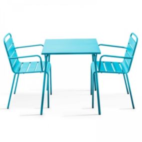 Ensemble table de jardin carrée et 2 fauteuils acier bleu Palavas  Oviala