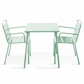 Ensemble table de jardin carrée et 2 fauteuils acier vert sauge Palavas  Oviala