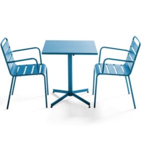 Ensemble table de jardin carrée et 2 fauteuils métal bleu pacific Palavas  Oviala