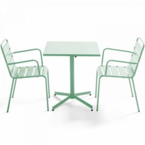 Ensemble table de jardin carrée et 2 fauteuils métal vert sauge Palavas  Oviala