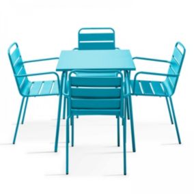 Ensemble table de jardin carrée et 4 fauteuils acier bleu Palavas  Oviala