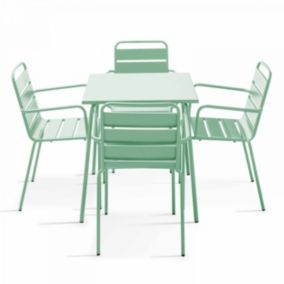 Ensemble table de jardin carrée et 4 fauteuils acier vert sauge Palavas  Oviala