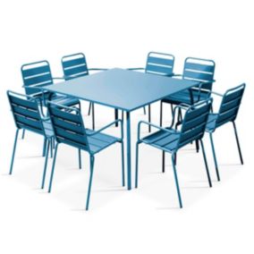 Ensemble table de jardin carrée et 8 fauteuils en métal bleu pacific Palavas  Oviala