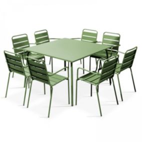 Ensemble table de jardin carrée et 8 fauteuils en métal vert cactus  Palavas  Oviala