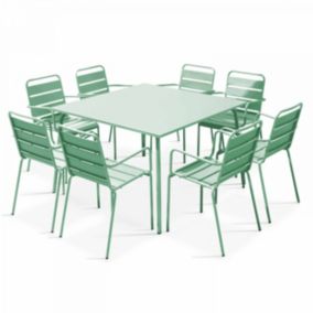 Ensemble table de jardin carrée et 8 fauteuils en métal vert sauge Palavas  Oviala