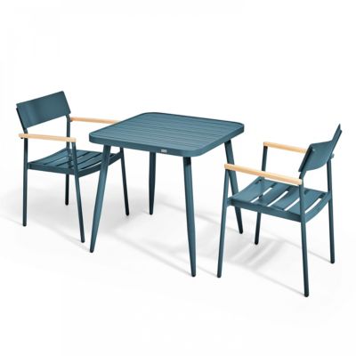 Ensemble table de jardin et 2 fauteuils aluminium/bois bleu canard  Oviala