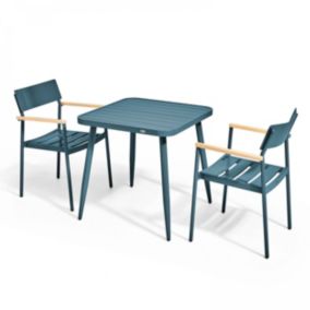 Ensemble table de jardin et 2 fauteuils en aluminium/bois bleu canard  Oviala