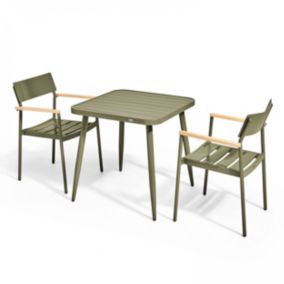 Ensemble table de jardin et 2 fauteuils en aluminium/bois vert kaki  Oviala