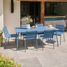 Ensemble table de jardin et 6 chaises en métal bleu pacific Palavas  Oviala